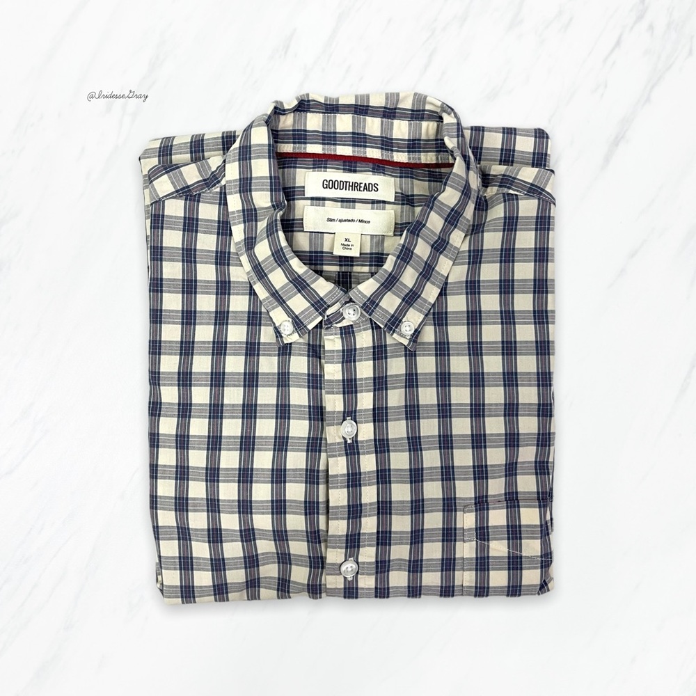 Goodthreads- Cream Blue Red Plaid Short Sleeved Button Down Shirt Size XL